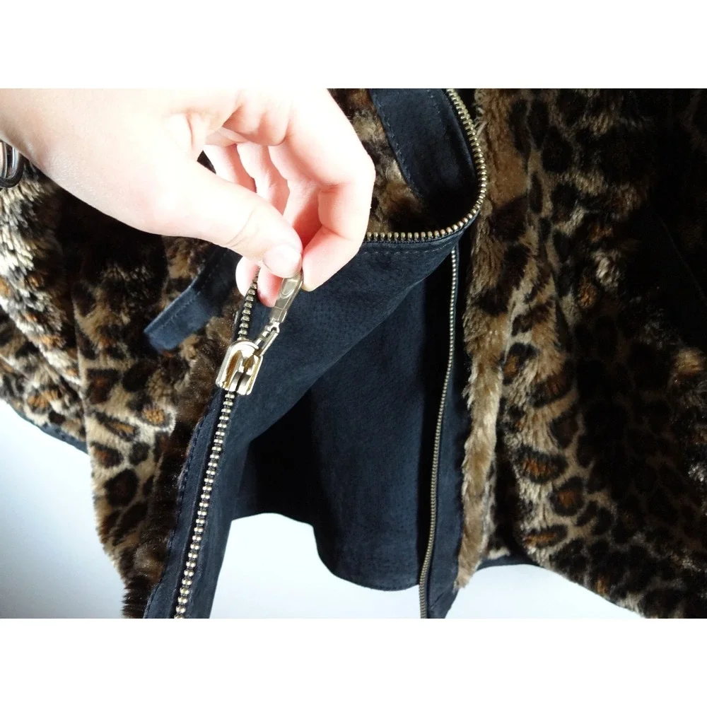 VTG Basic Editions Faux Fur Coat XL/2XL Brown‎ Leopard Print Y2K Zip Up Reverse